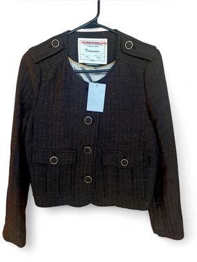Anthropologie Brown Tweed Collarless Jacket with Gold Ring Buttons